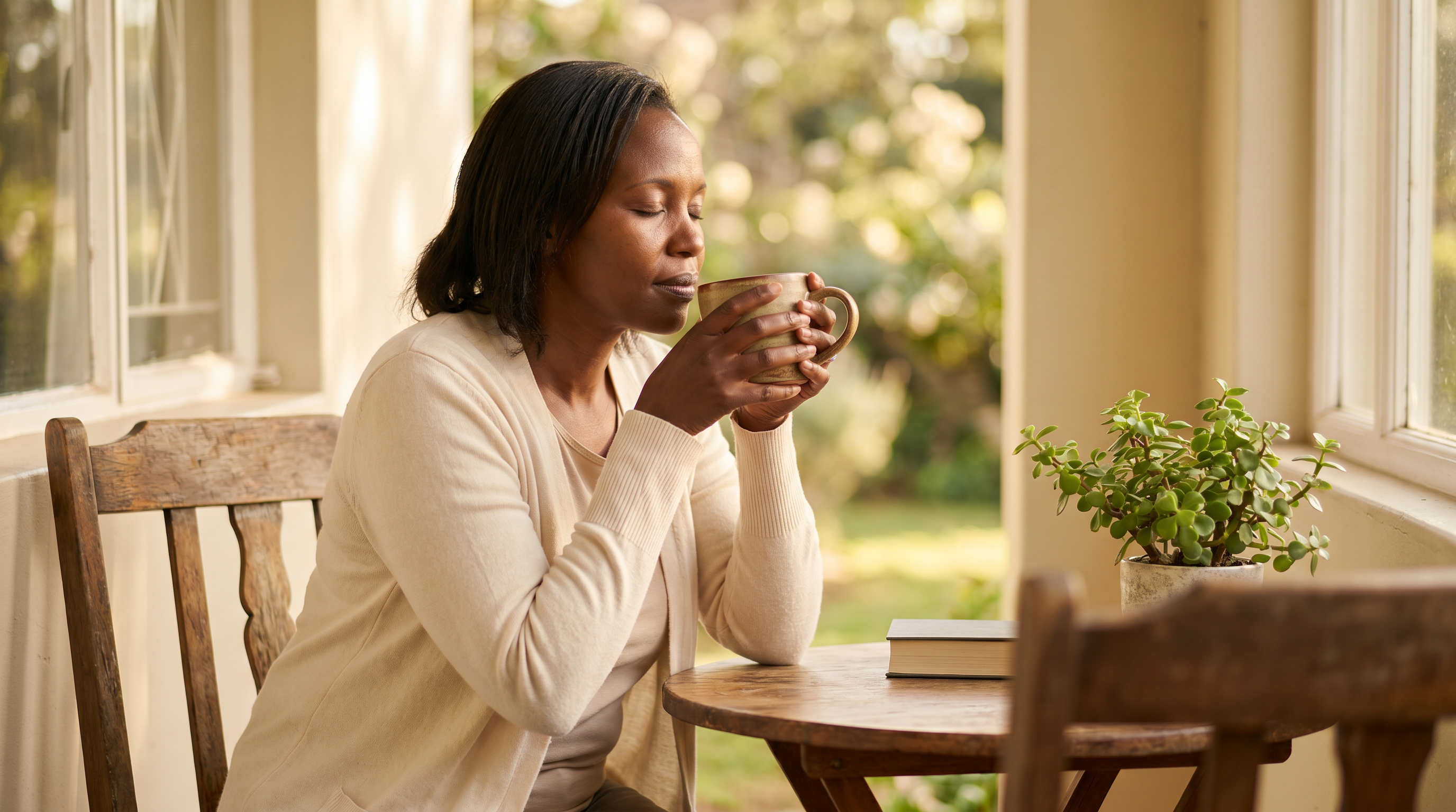 A Kenyan woman pausing for a quiet cup of tea in afternoon light