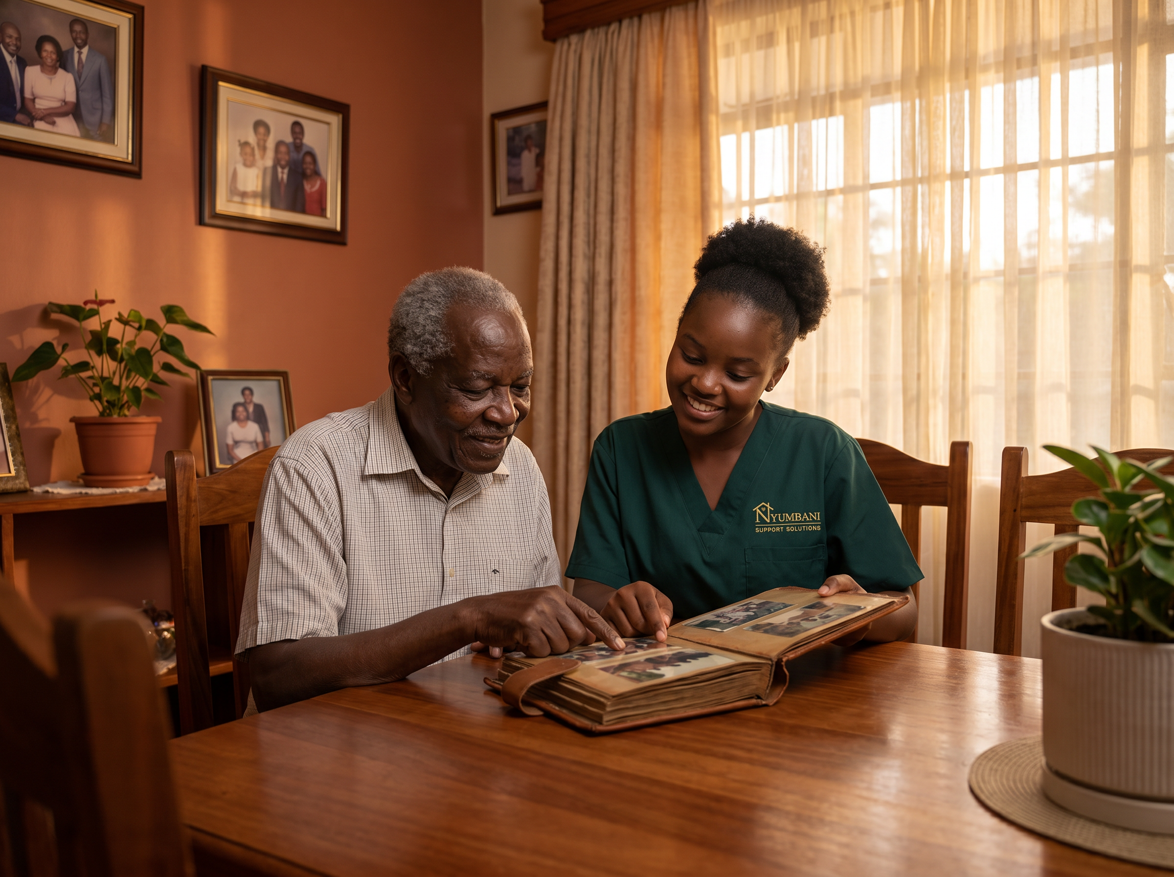 A gentle moment between a Kenyan elder with dementia and a Nyumbani caregiver