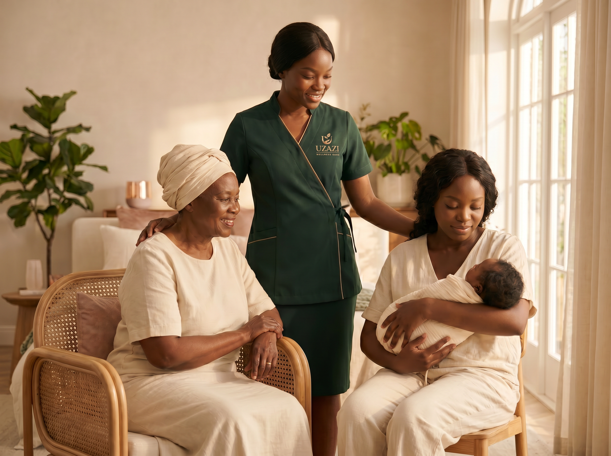 A multigenerational Kenyan family at home — grandmother, mother holding her newborn, and a caregiver in forest green uniform standing supportively beside them